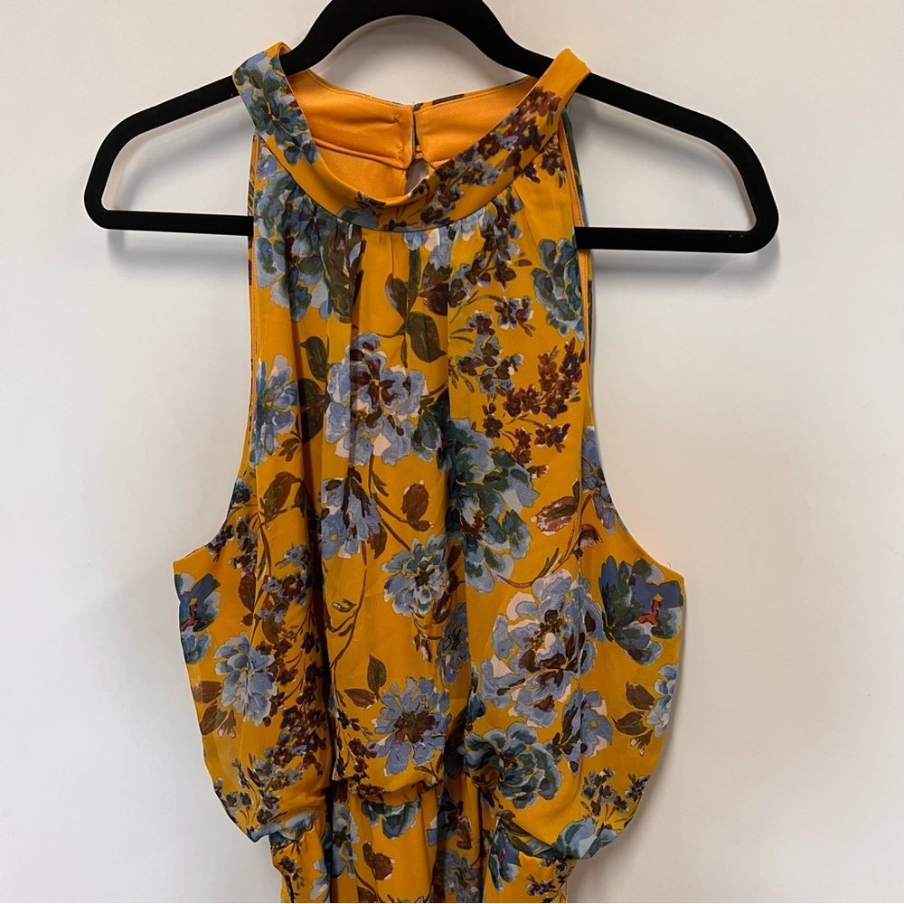 JULIA JORDAN maxi dress mustard yellow blue floral tiered lined chiffon size 16 - Picture 6 of 15